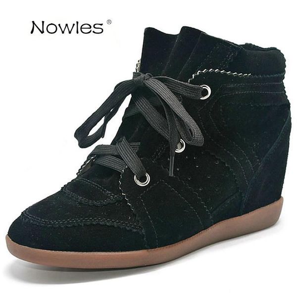 

boots bobby fashion sneakers women's wedges shoes genuine leather height increasing 7cm ankle casual, Black