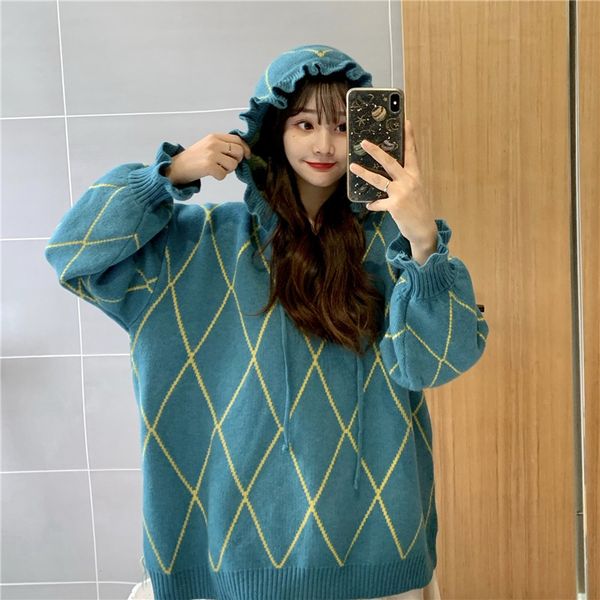 2021 new autumn diamond plaid wood ear wear hooded mid-length long-sleeved knitted sweater ge0x, White;black
2021 new autumn diamond plaid wood ear wear hooded mid-length long-sleeved knitted sweater ge0x, White;black