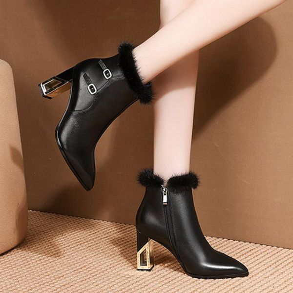 

plus size 2021 winter women high heels ankle boots pointed toe dress shoes black booties faux fur ladies shoes botas mujer 8817n