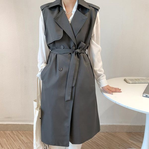 women's vests mid-length female gray trench coat waistcoat plus sashes spring autumn 2021 korean women double breasted lapel sleeveless, Black;white
women's vests mid-length female gray trench coat waistcoat plus sashes spring autumn 2021 korean women double breasted lapel sleeveless, Black;white