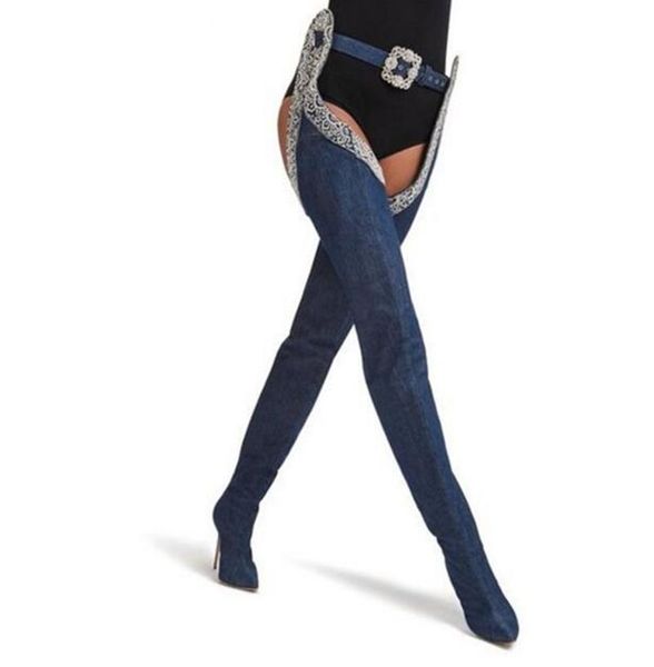 boots 2021 denim blue jeans thigh high pant fashion rhinestone buckle decor stiletto heels long for woman, Black
boots 2021 denim blue jeans thigh high pant fashion rhinestone buckle decor stiletto heels long for woman, Black