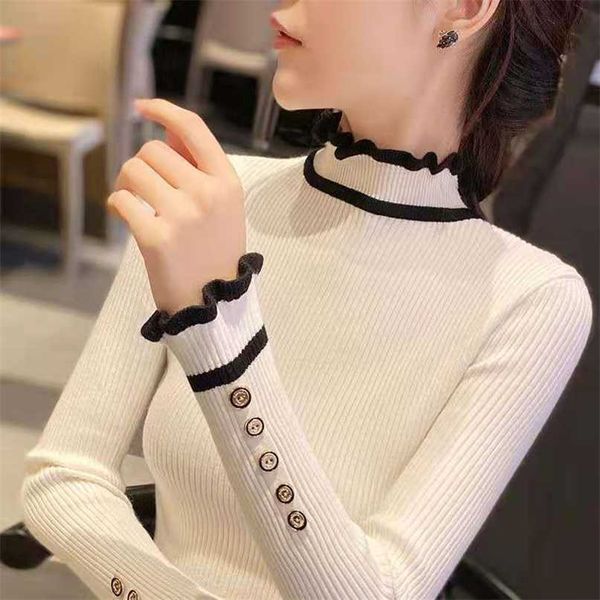 lucyever autumn winter women's sweaters fashion button ruffles high collar ladies sweater inner wear slim knitted pullovers 211221, White;black
lucyever autumn winter women's sweaters fashion button ruffles high collar ladies sweater inner wear slim knitted pullovers 211221, White;black