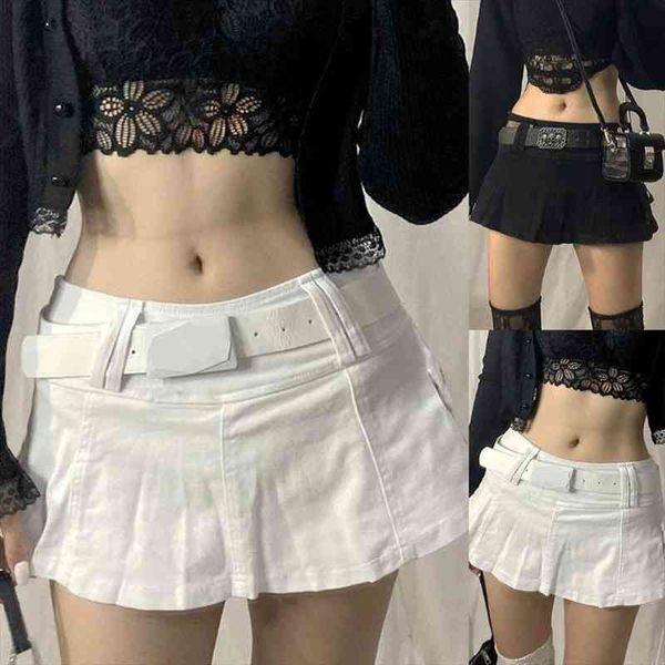 women gothic low waist pleated micro denim skirt harajuku solid color a-line flare hem slim streetwear with pockets, Black
women gothic low waist pleated micro denim skirt harajuku solid color a-line flare hem slim streetwear with pockets, Black