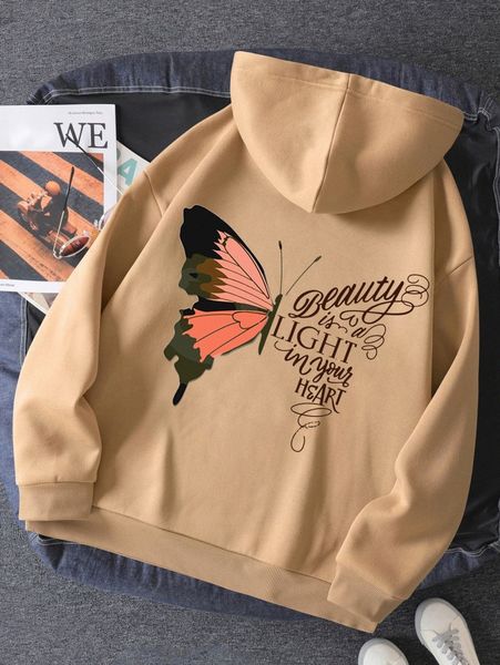 slogan & butterfly print kangaroo pocket drawstring thermal hoodie 99kg#, White;black
slogan & butterfly print kangaroo pocket drawstring thermal hoodie 99kg#, White;black