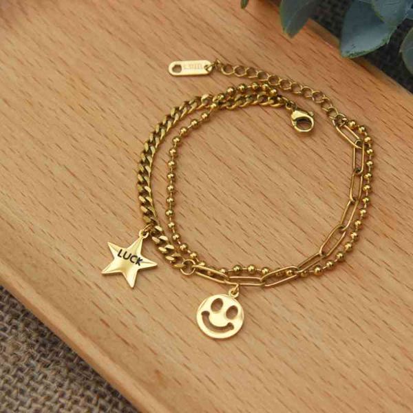 316l stainless steel fashion upscale jewelry 2 layer star smiley smile charms beaded asymmetry chain bracelet for women, Golden;silver