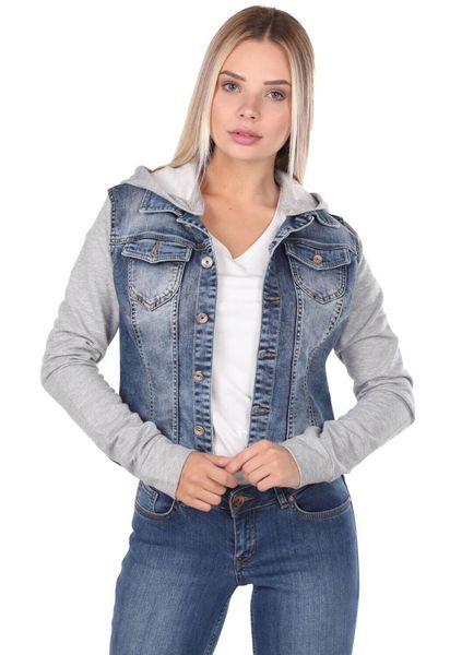 women's jackets blue white hooded jean jacket, Black;brown