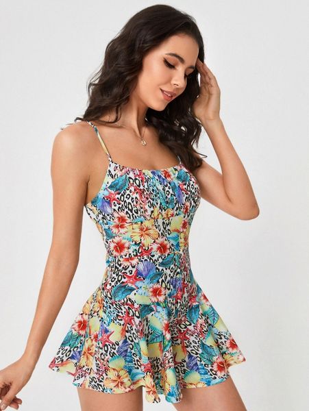 floral & leopard pattern zip back cami romper x551#, White