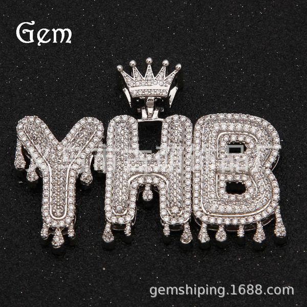 new hip hop pendant necklace with mosaic crown water drop letters, Silver