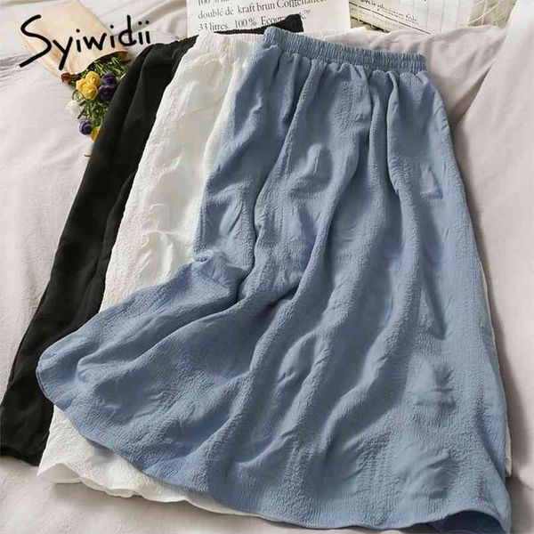 folds skirt for women high waist mid-calf elastic casual a-line solid black spring summer korean fashion 210607
folds skirt for women high waist mid-calf elastic casual a-line solid black spring summer korean fashion 210607