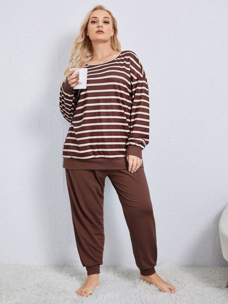 plus striped drop shoulder pj set k68t#, Black;white