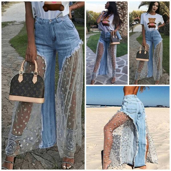 women's pants & capris women fashion denim jeans destroyed split joint lace tulle fit high waist trousers, Black;white 
women's pants & capris women fashion denim jeans destroyed split joint lace tulle fit high waist trousers, Black;white
