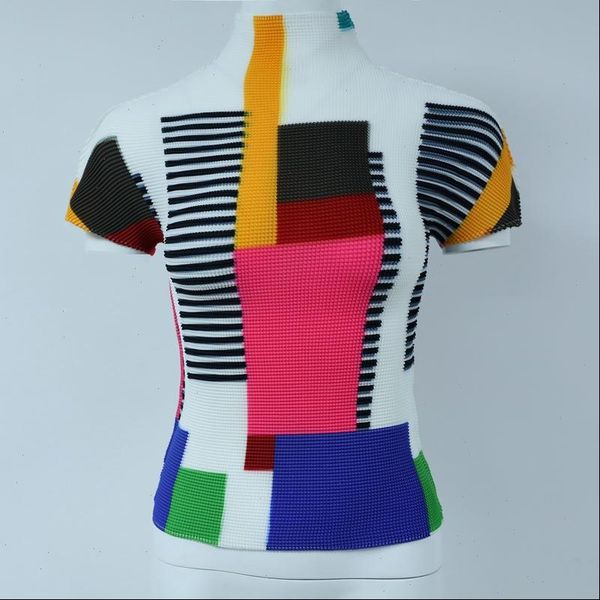 color block patchwork short sleeve pleated t shirt for women 2021 summer new turtleneck slim trend elastic yj772, White
color block patchwork short sleeve pleated t shirt for women 2021 summer new turtleneck slim trend elastic yj772, White