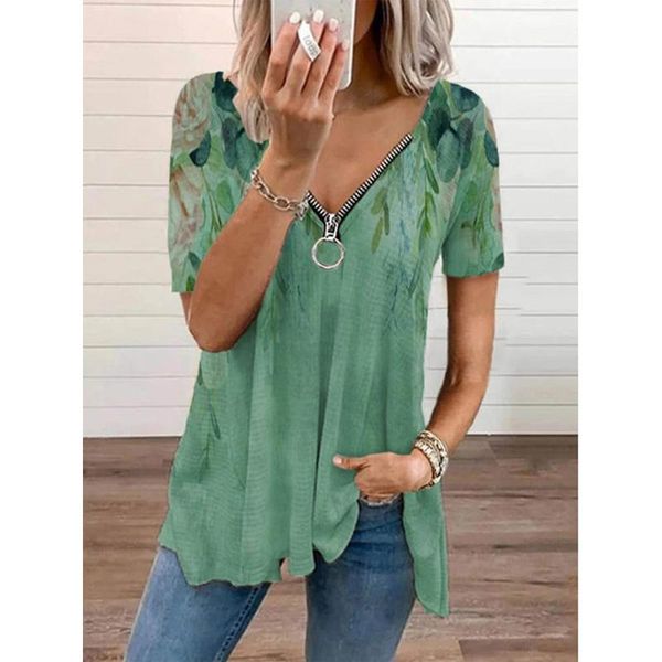 women's t-shirt summer fashion women floral solid print v neck short sleeve female pullover steertwear vintage casual zipper tees, White
women's t-shirt summer fashion women floral solid print v neck short sleeve female pullover steertwear vintage casual zipper tees, White