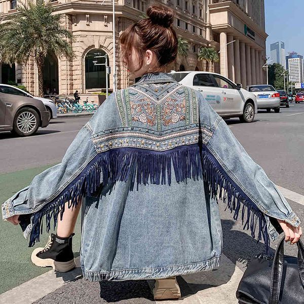 women's jackets denim korean floral embroidery suede fringe loose chaquetas mujer coat long sleeve outerwear women veste femme zc7s, Black;brown
women's jackets denim korean floral embroidery suede fringe loose chaquetas mujer coat long sleeve outerwear women veste femme zc7s, Black;brown