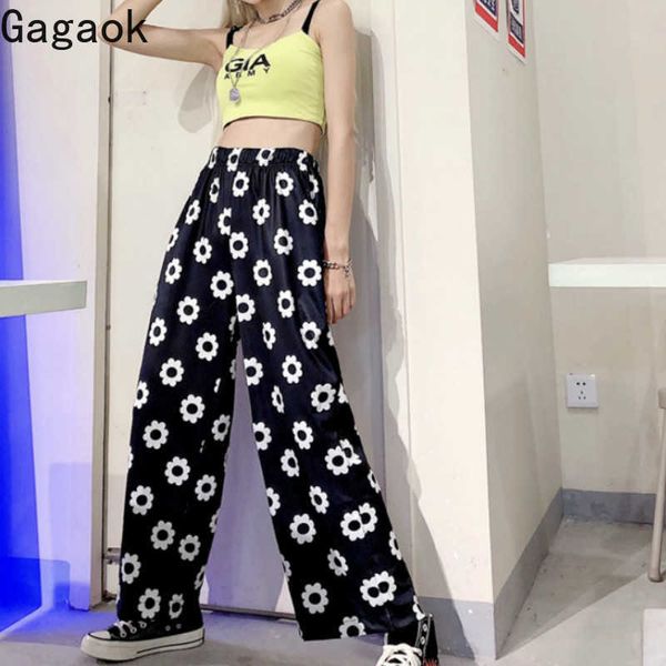 streetwear pant spring autumn floral high elastic waist loose casual harajuku retro wild female fashion pants 210531, Black;white