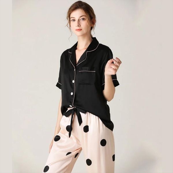 Faux Silk Pajamas Dot Striped Women Sleepwear Soft Short Sleeve Lapel Collar Homewear Female Pyjamas Nightwear, Black;red
Faux Silk Pajamas Dot Striped Women Sleepwear Soft Short Sleeve Lapel Collar Homewear Female Pyjamas Nightwear, Black;red