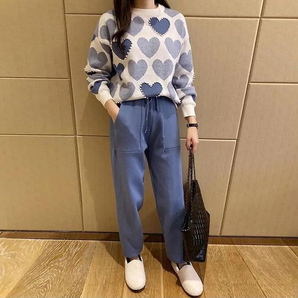 women's two piece pants fashion love printed knitted peice suit women long sleeve sweater and solid colors casual female korean, White
women's two piece pants fashion love printed knitted peice suit women long sleeve sweater and solid colors casual female korean, White