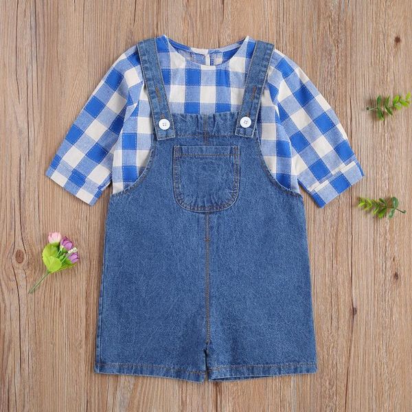 children two piece set girl plaid shirt crew neck long sleeve boys denim pocket button overalls shorts casual autumn clothes, White 
children two piece set girl plaid shirt crew neck long sleeve boys denim pocket button overalls shorts casual autumn clothes, White