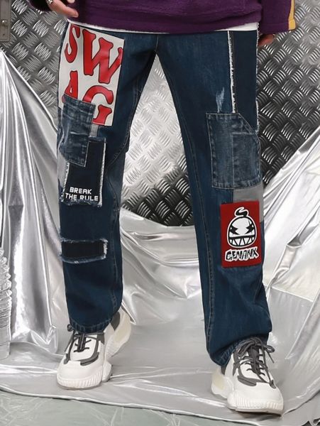 men letter and cartoon graphic patched jeans w8zz#, Blue 
men letter and cartoon graphic patched jeans w8zz#, Blue
