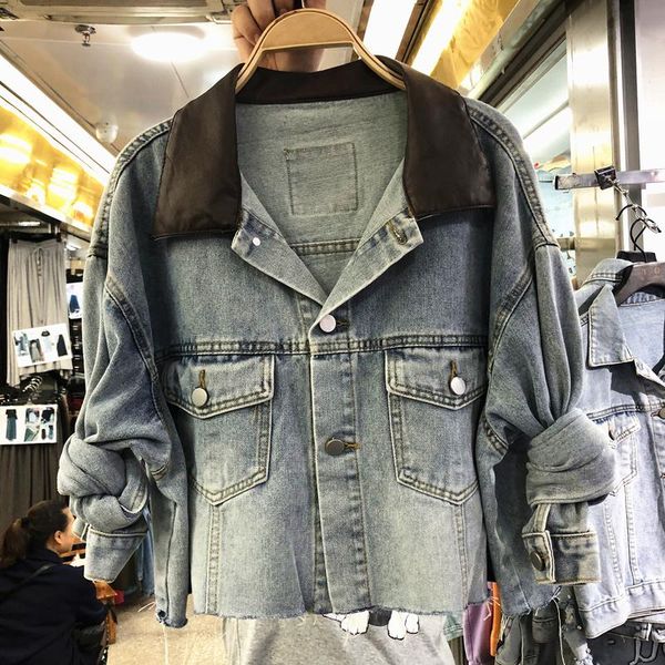 women's jackets 2021 autumn loose all-match stitching leather collar bat sleeve burr short jeans coat denim jacket female jean coats, Black;brown
women's jackets 2021 autumn loose all-match stitching leather collar bat sleeve burr short jeans coat denim jacket female jean coats, Black;brown