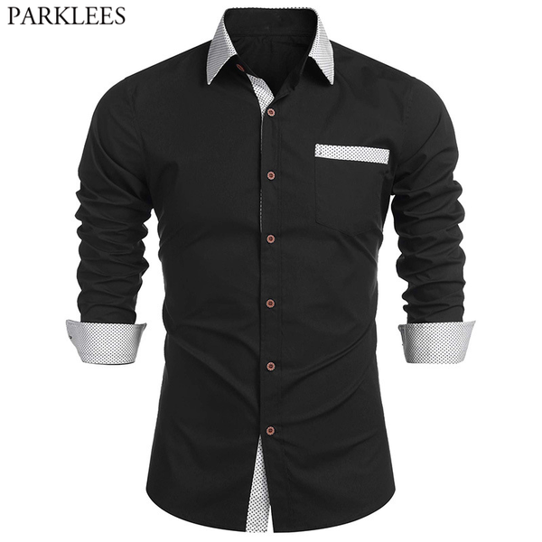 men's casual shirts polka dot splicing mens dress 2021 brand long sleeve slim fit shirt for men cotton button down chemise homme, White;black
men's casual shirts polka dot splicing mens dress 2021 brand long sleeve slim fit shirt for men cotton button down chemise homme, White;black