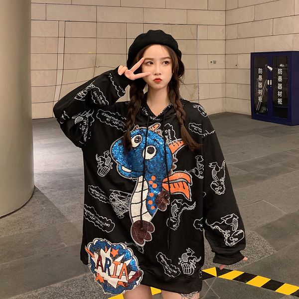2021 new autumn dinosaur sequins cartoon anime print loose sweatshirt college wind drop shoulder sleeve fashion u7sq, Black
2021 new autumn dinosaur sequins cartoon anime print loose sweatshirt college wind drop shoulder sleeve fashion u7sq, Black