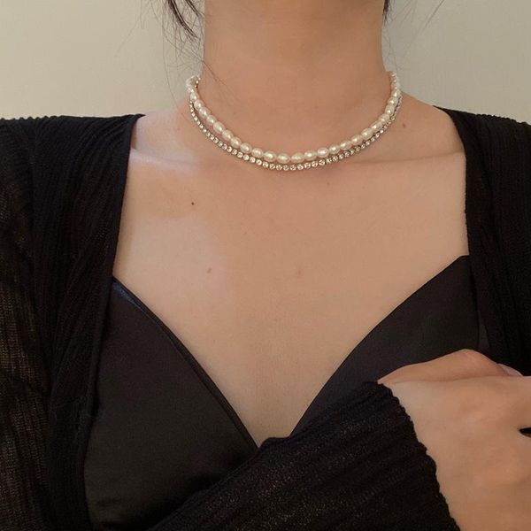 chains trendy jewelry freshwater pearls necklace design shiny crystal tow layer choker for elegant women gifts, Silver
chains trendy jewelry freshwater pearls necklace design shiny crystal tow layer choker for elegant women gifts, Silver