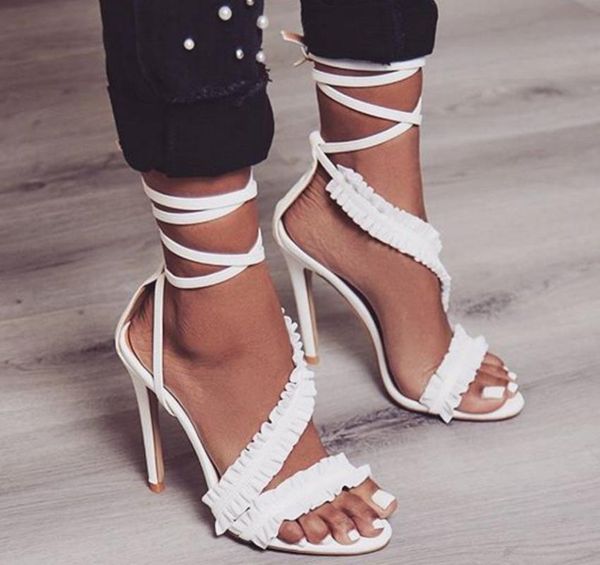 sandals women's shoes bandage high-heeled white lace sexy, Black