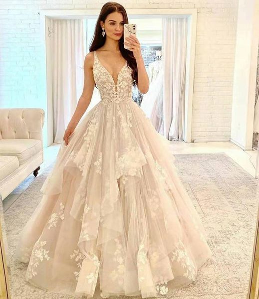 spaghetti v neck a line lace wedding dresses appliqued ruffles sweep train corset back tulle plus size bridal gowns, White
spaghetti v neck a line lace wedding dresses appliqued ruffles sweep train corset back tulle plus size bridal gowns, White