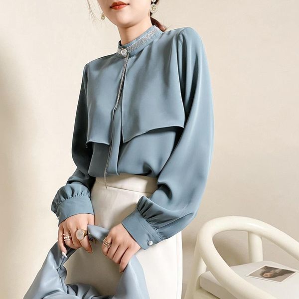 women's blouses & shirts solid color stand collar chiffon shirt full sleeve office lady fall patched metal chains blusas mujer elegant, White
women's blouses & shirts solid color stand collar chiffon shirt full sleeve office lady fall patched metal chains blusas mujer elegant, White