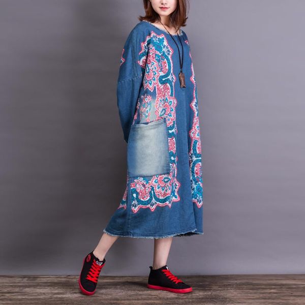 casual dresses 2021 fashion long mid-calf denim for women one-piece jeans print with pockets plus size dress, Black;gray 
casual dresses 2021 fashion long mid-calf denim for women one-piece jeans print with pockets plus size dress, Black;gray