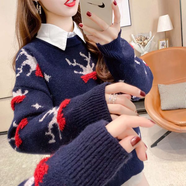 net red christmas year sweater women's pullover round neck loose outer wear 2021 new knitted bottom coat autumn and winter, White;black
net red christmas year sweater women's pullover round neck loose outer wear 2021 new knitted bottom coat autumn and winter, White;black
