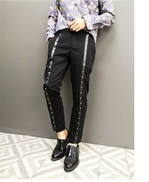 men black rivet pencil trousers nightclub singer hairstylist trendy pants streetwear hip hop punk casual pants thin slim pants, Black;red
men black rivet pencil trousers nightclub singer hairstylist trendy pants streetwear hip hop punk casual pants thin slim pants, Black;red