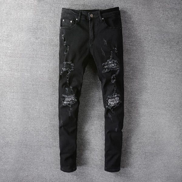 men's jeans american streetwear fashion men black color elastic cotton ripped slim fit patches designer hip hop punk pants, Blue
men's jeans american streetwear fashion men black color elastic cotton ripped slim fit patches designer hip hop punk pants, Blue