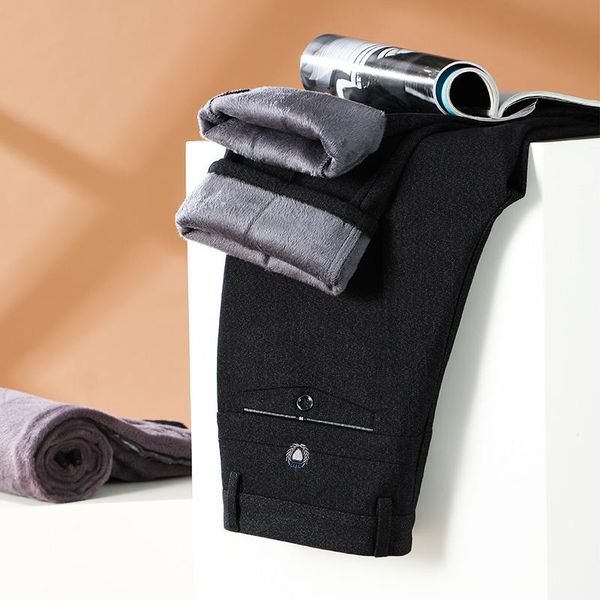 men's pants 2021 winter fleece thick warm men classic embroidered business father's straight, Black 
men's pants 2021 winter fleece thick warm men classic embroidered business father's straight, Black