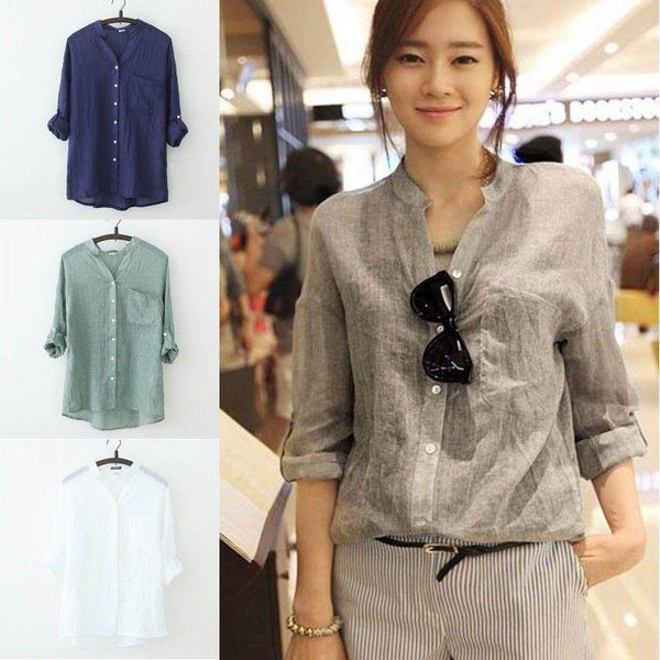 women loose shirt fashion cotton and linen blouses three quarters sleeve girls pockets slim shirts, White
women loose shirt fashion cotton and linen blouses three quarters sleeve girls pockets slim shirts, White