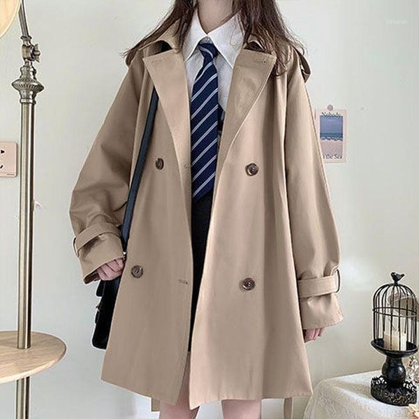women's trench coats khaki windbreaker for girl mid-length coat women autumn loose double-breasted suit collar sweeet preppy jackets, Tan;black 
women's trench coats khaki windbreaker for girl mid-length coat women autumn loose double-breasted suit collar sweeet preppy jackets, Tan;black