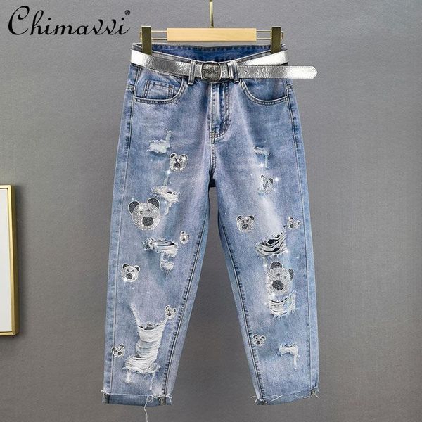 women's jeans european style blue rhinestone ripped harlem women 2021 summer high waist loose slim cropped pants fashion denim 
women's jeans european style blue rhinestone ripped harlem women 2021 summer high waist loose slim cropped pants fashion denim