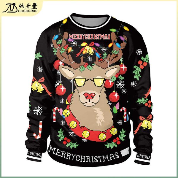 christmas new digital printing lantern elk round neck christmas couple's sweater sb102-005, Black
christmas new digital printing lantern elk round neck christmas couple's sweater sb102-005, Black