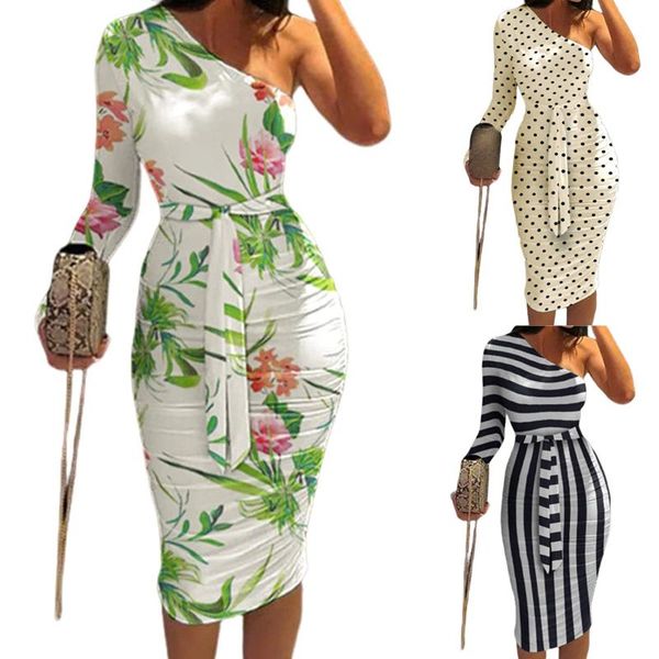 casual dresses dots stripes floral print dress bodycon women slash neck long sleeve lace up ruched midi one shoulder pleated, Black;gray 
casual dresses dots stripes floral print dress bodycon women slash neck long sleeve lace up ruched midi one shoulder pleated, Black;gray