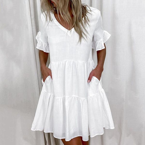 party dresses summer soild color pleated dress with pockets women ruffles v-neck short sleeve mini casual loose beach, White;black
party dresses summer soild color pleated dress with pockets women ruffles v-neck short sleeve mini casual loose beach, White;black