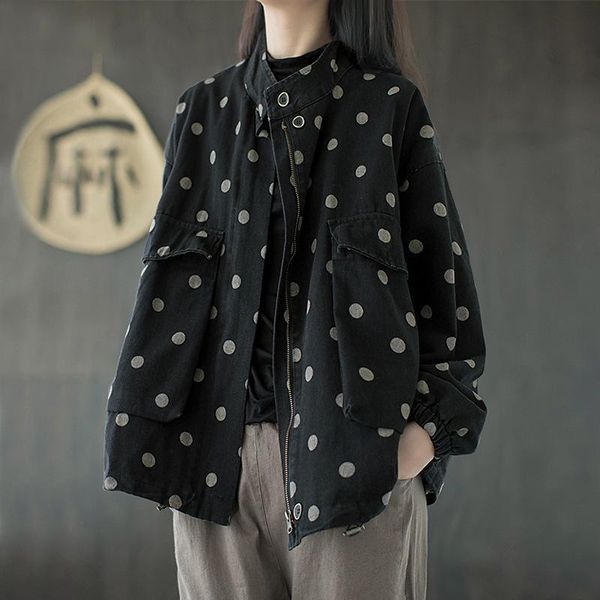 autumn women's coat polka dot loose zipper long sleeve retro all-match fashion stand-up collar large size casual female jacket, Black;brown
autumn women's coat polka dot loose zipper long sleeve retro all-match fashion stand-up collar large size casual female jacket, Black;brown