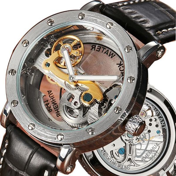 

transparent automatic mechanical watch men steampunk skeleton bridge luxury self winding leather male watches todo montre homme wristwatches, Slivery;brown