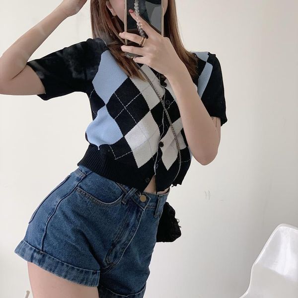 women's knits & tees retro fashion argyle knitted cardigan summer 2021 o-neck slim single breasted short sleeve preppy style streetwear, White
women's knits & tees retro fashion argyle knitted cardigan summer 2021 o-neck slim single breasted short sleeve preppy style streetwear, White