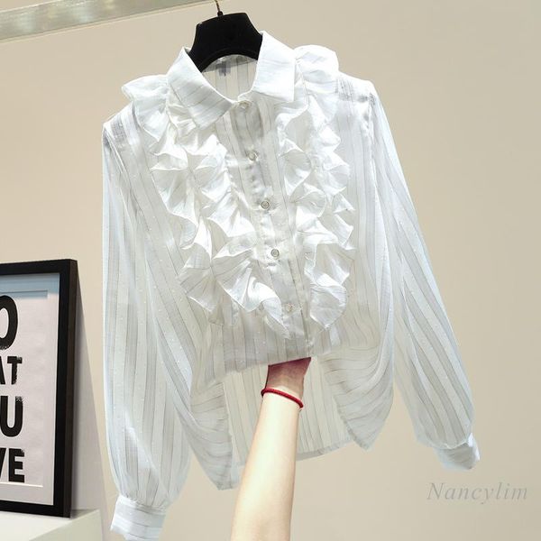 2021 autumn loose white shirt fashion lady office all-match gold lines ruffles striped long sleeved chiffon blouse
2021 autumn loose white shirt fashion lady office all-match gold lines ruffles striped long sleeved chiffon blouse