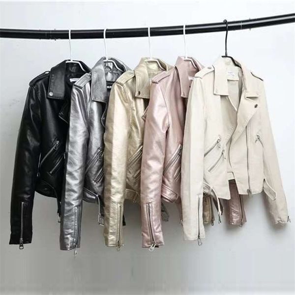 silver leather jacket women metallic motorcycle short jackets lapel zipper biker coat soft ladies punk streetwear 211007, Black
silver leather jacket women metallic motorcycle short jackets lapel zipper biker coat soft ladies punk streetwear 211007, Black