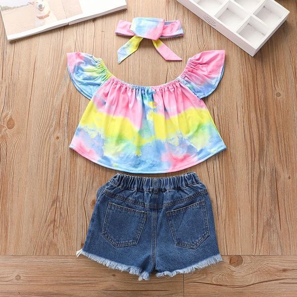 brand new kid girls 3 pcs outfits suits, off shoulder sleeve tie dye + ripped denim shorts + headband sets, White
brand new kid girls 3 pcs outfits suits, off shoulder sleeve tie dye + ripped denim shorts + headband sets, White