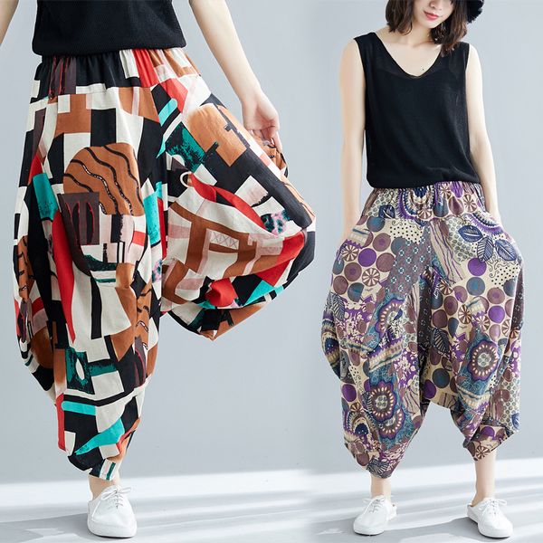 women summer new retro ethnic style large size elastic waist wide leg cotton and linen cropped pants mjdp, Black;white
women summer new retro ethnic style large size elastic waist wide leg cotton and linen cropped pants mjdp, Black;white
