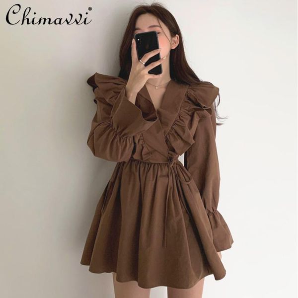 casual dresses early spring retro v neck cross ruffled dress women korean slim waist flare sleeve female long short, Black;gray
casual dresses early spring retro v neck cross ruffled dress women korean slim waist flare sleeve female long short, Black;gray