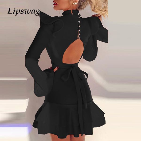 elegant spring button turtleneck party dress hollow out backless lace-up ruffle dress women autumn flare sleeve mini dresshigh quality, Black;gray
elegant spring button turtleneck party dress hollow out backless lace-up ruffle dress women autumn flare sleeve mini dresshigh quality, Black;gray